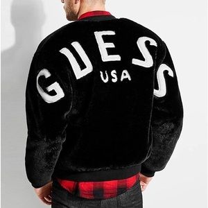 Guess Men’s Faux Fur Logo Bomber Jacket Black